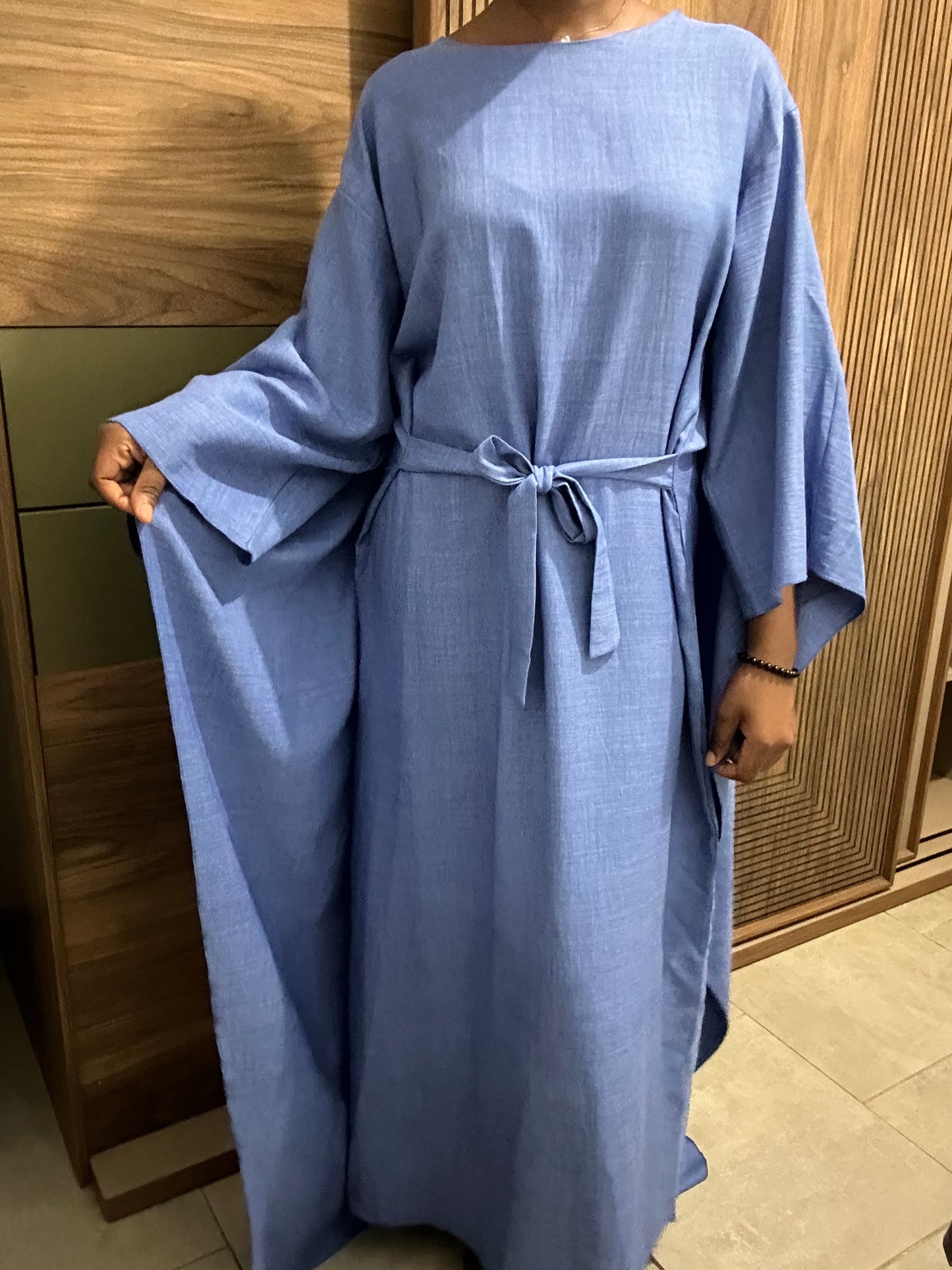 Robe manche longue avec cape et ceinture ALYSSA Bleu jeans