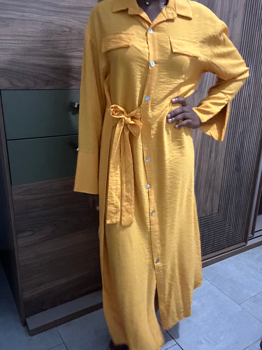 Robe chemise manche longue avec noeud à la taille LOUNA Jaune